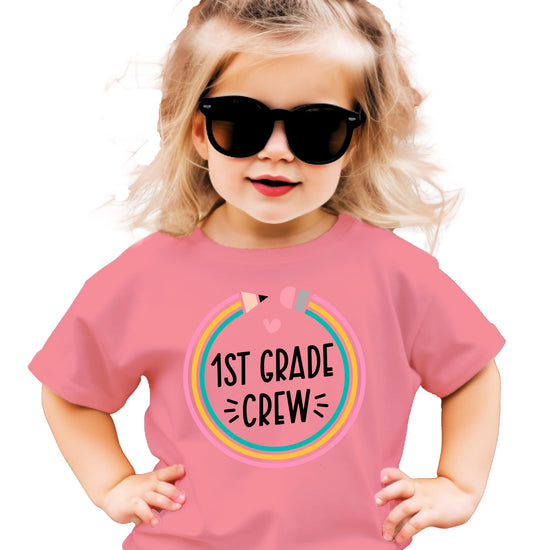 Kids crew neck tee with colorful pencil graphic for 1st grade back to school