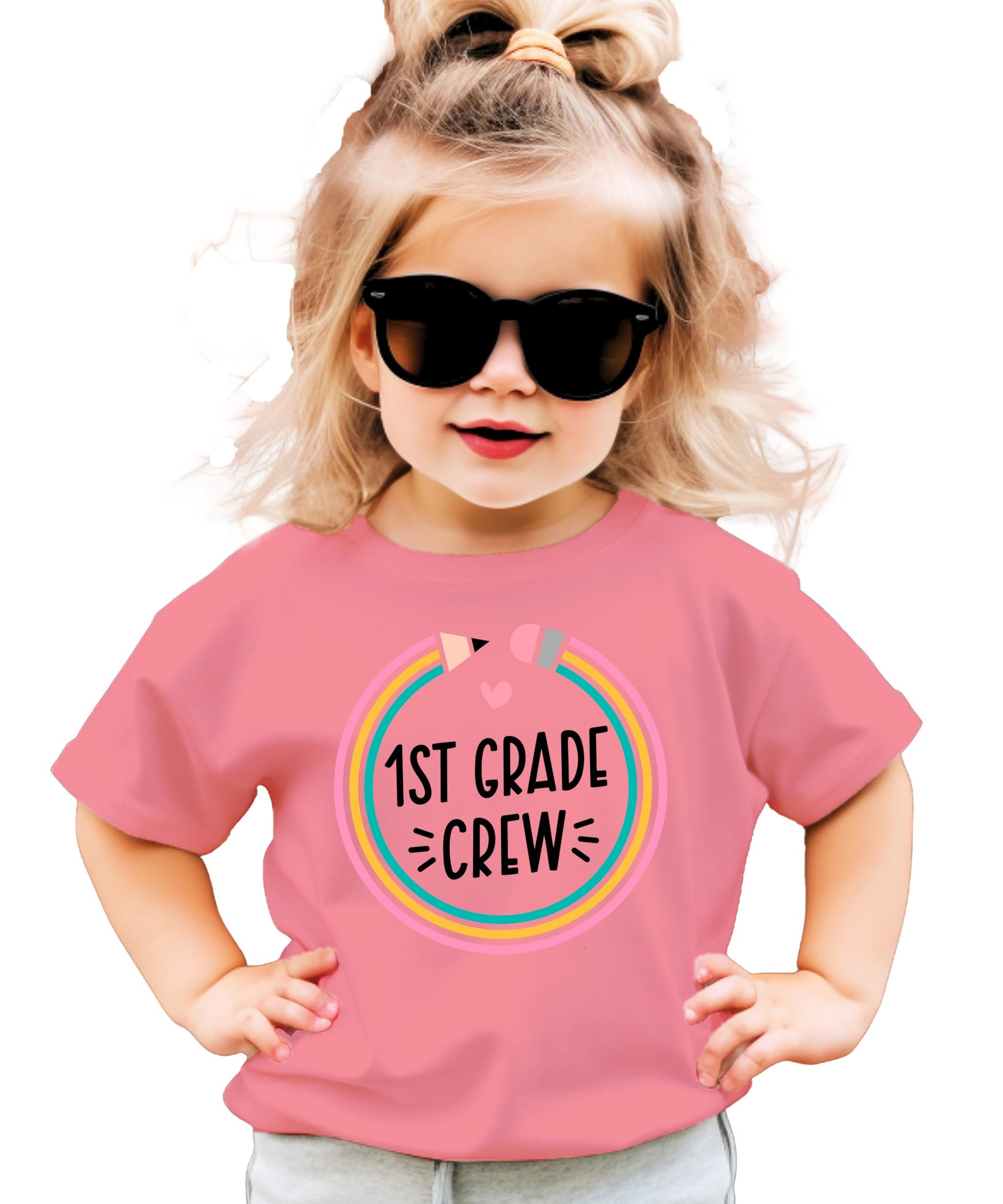 Kids crew neck tee with colorful pencil graphic for 1st grade back to school