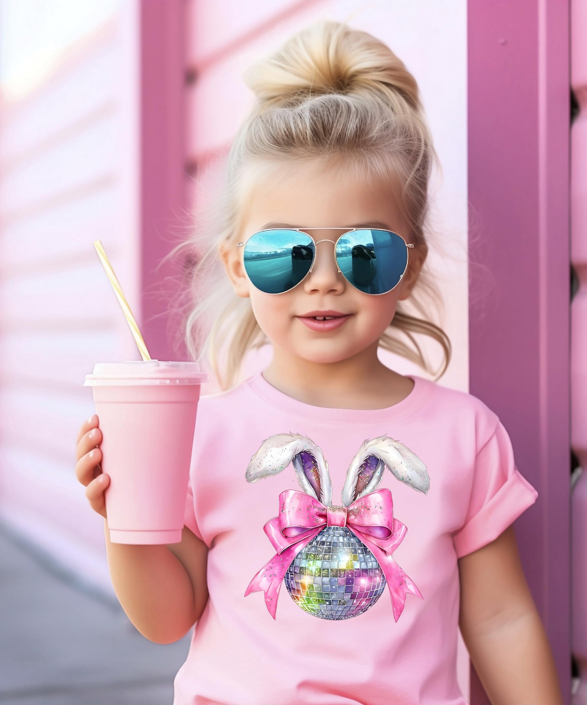 Olive Loves Apple pink disco bunny Easter shirt for girls displayed on hanger or styled flat