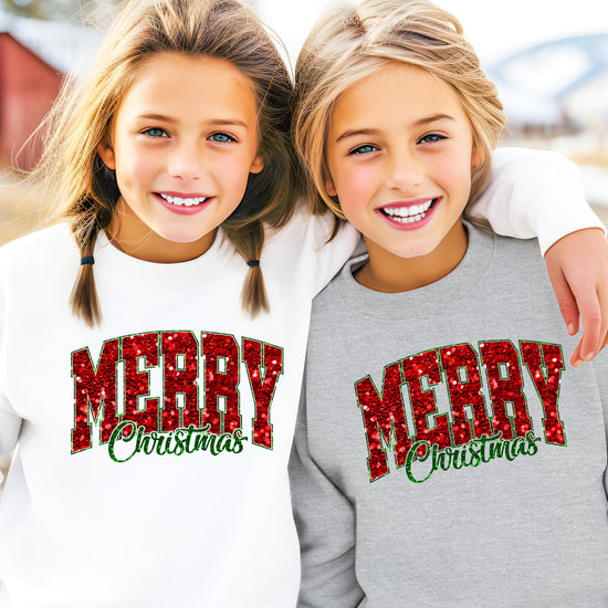 Flat lay of women's gray Merry Christmas faux glitter sweatshirt for holiday season