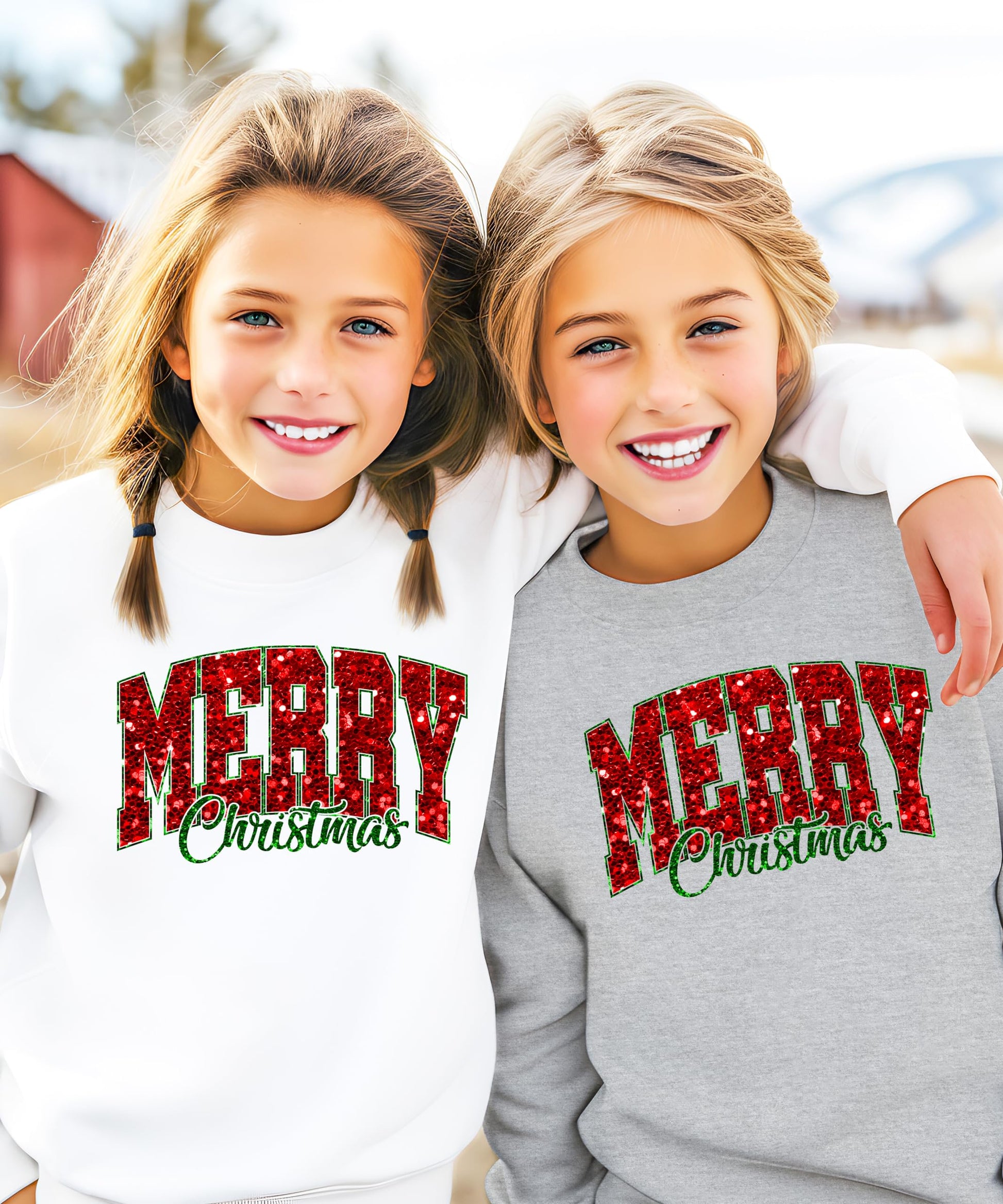 Flat lay of women's gray Merry Christmas faux glitter sweatshirt for holiday season