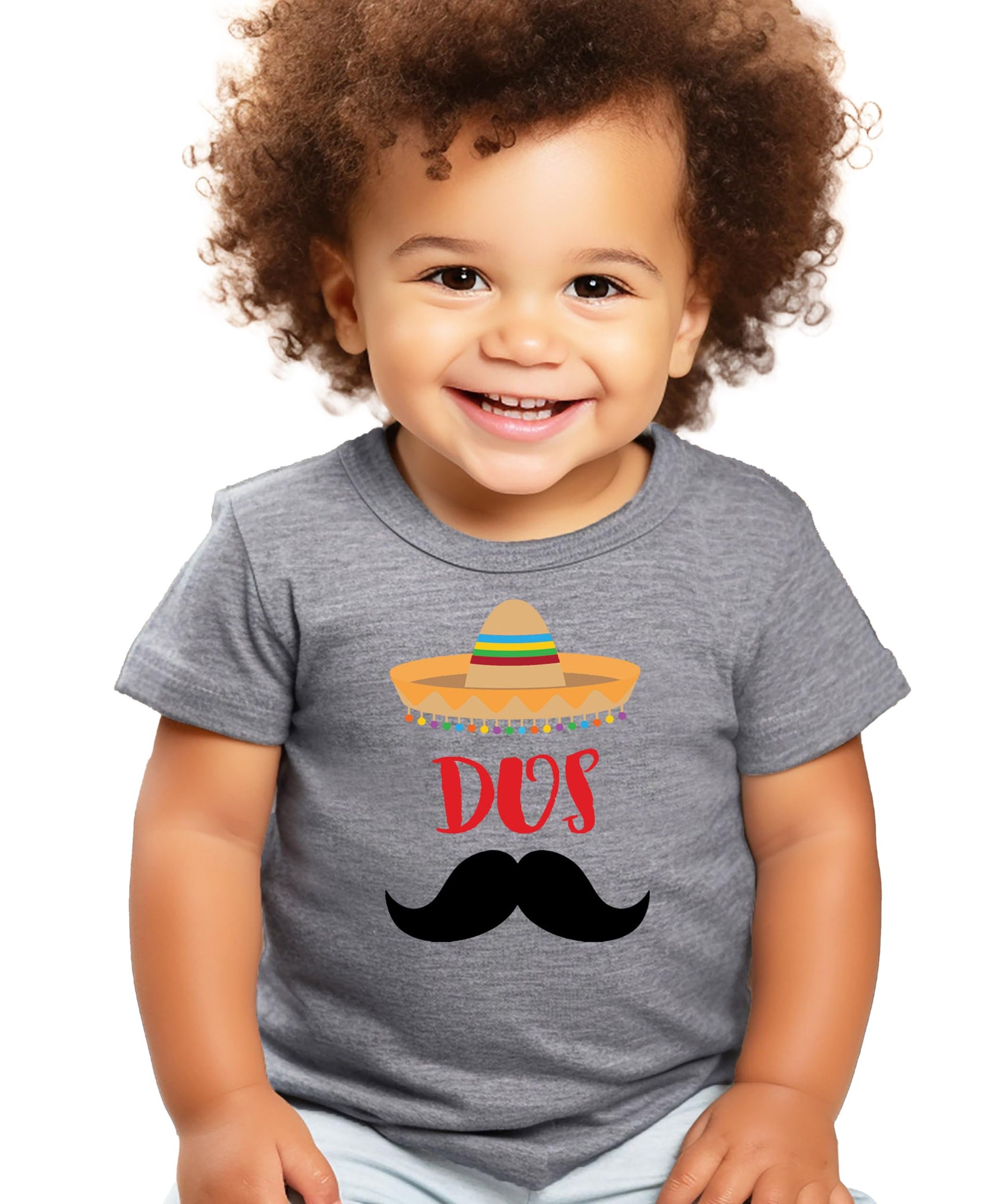 Toddler boy wearing a fiesta-themed Dos 2nd birthday shirt with mustache graphic