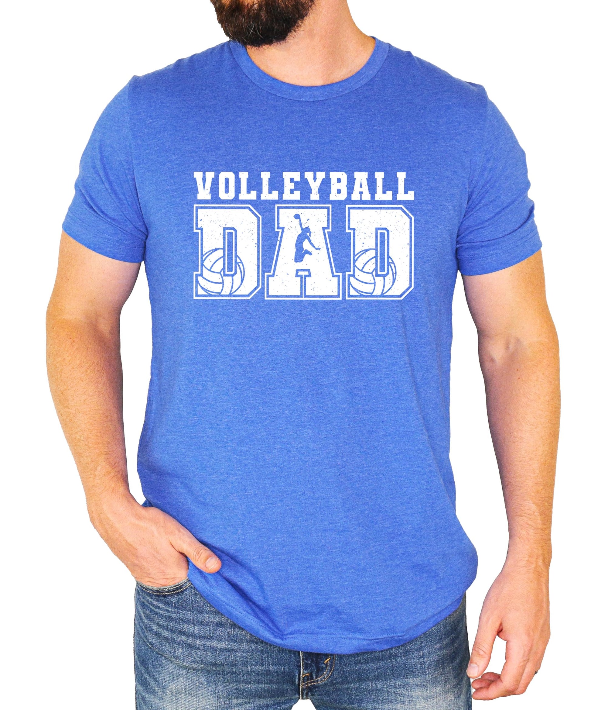 Close-up view of volleyball dad distressed graphic design on red shirt