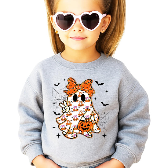 Child wearing gray girly ghost Halloween pullover sweatshirt, front view