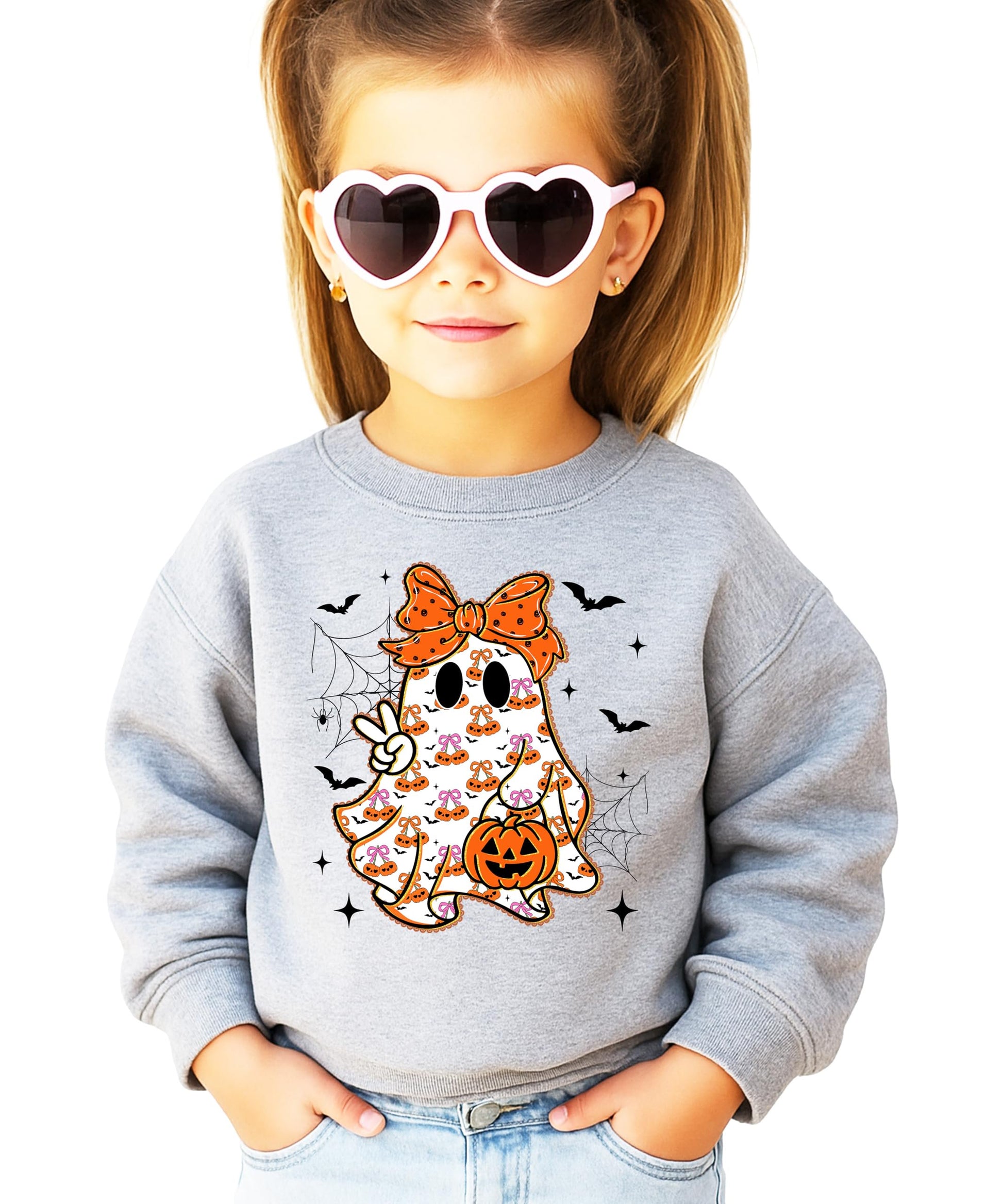 Child wearing gray girly ghost Halloween pullover sweatshirt, front view