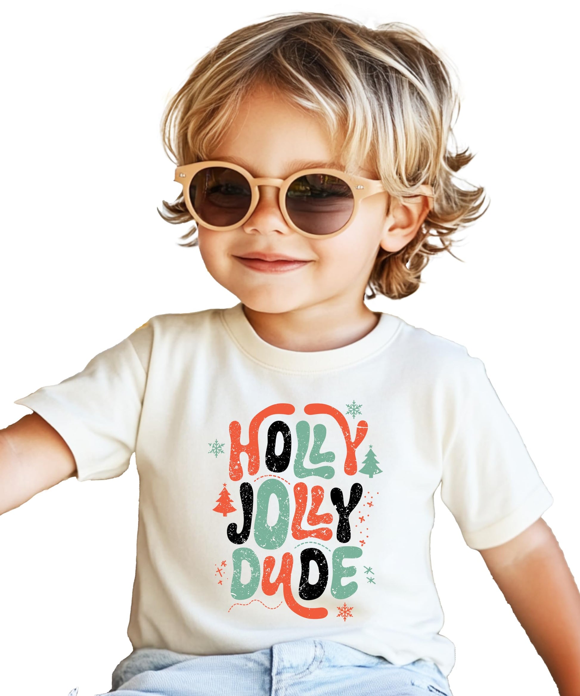 Close-up of Holly Jolly Dude retro Christmas graphic print on natural boys' tee