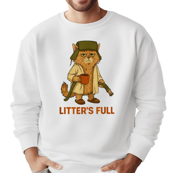 Front view of gray Litter's Full funny Christmas cat sweatshirt laid flat