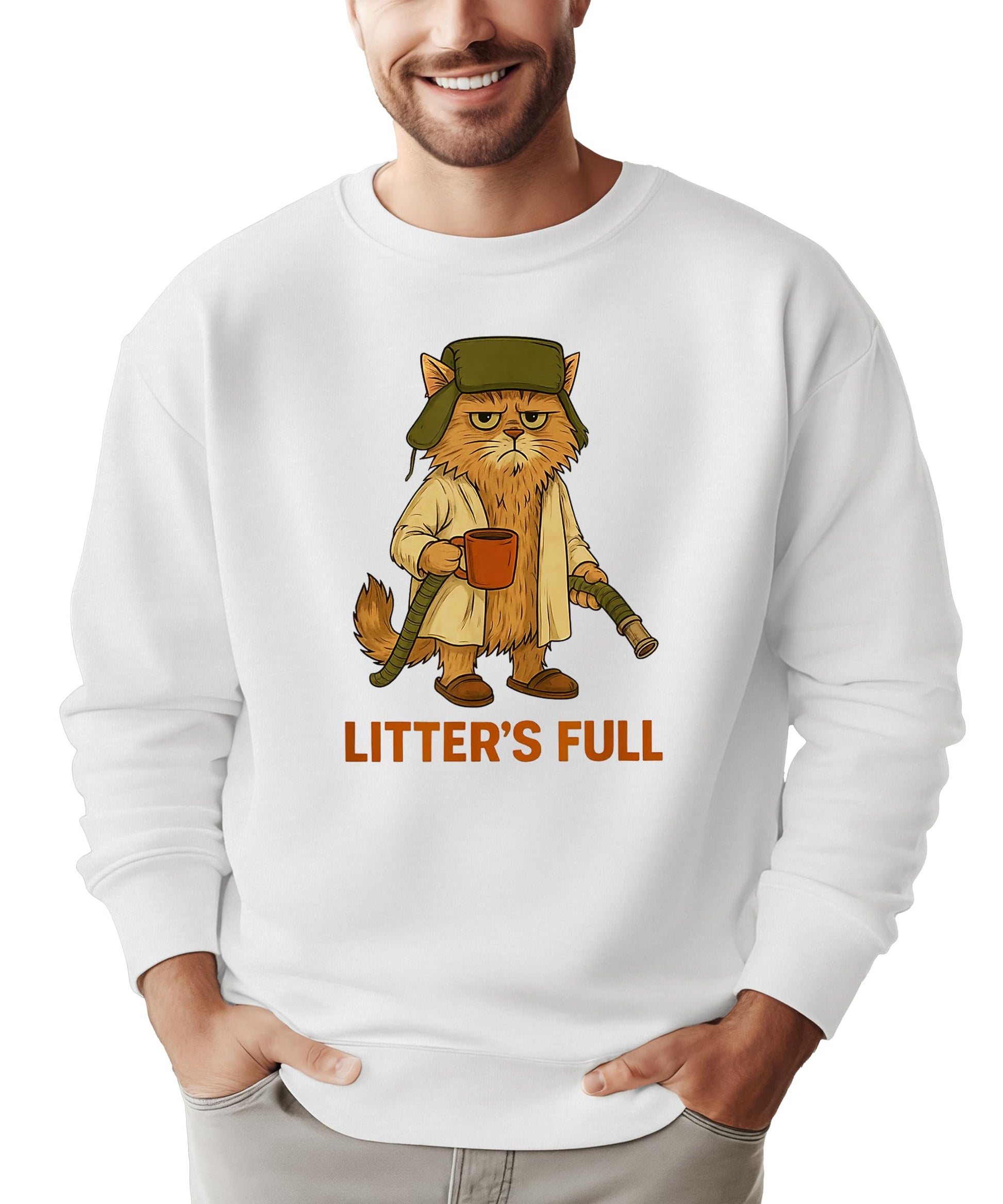 Front view of gray Litter's Full funny Christmas cat sweatshirt laid flat
