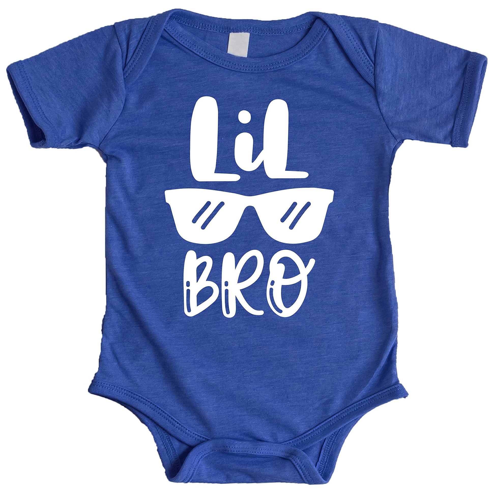 Little Bro Glasses graphic bodysuit for gender reveal and newborn announcement in blue