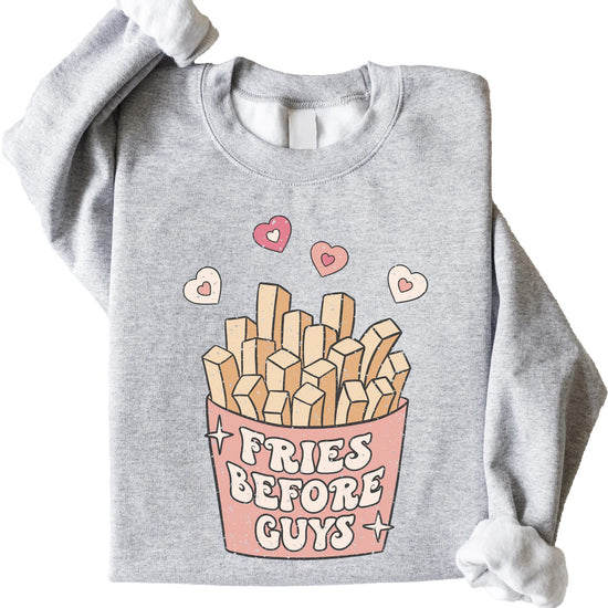Front view of Fries Before Guys adult sweatshirt in gray, perfect for Galentine's Day