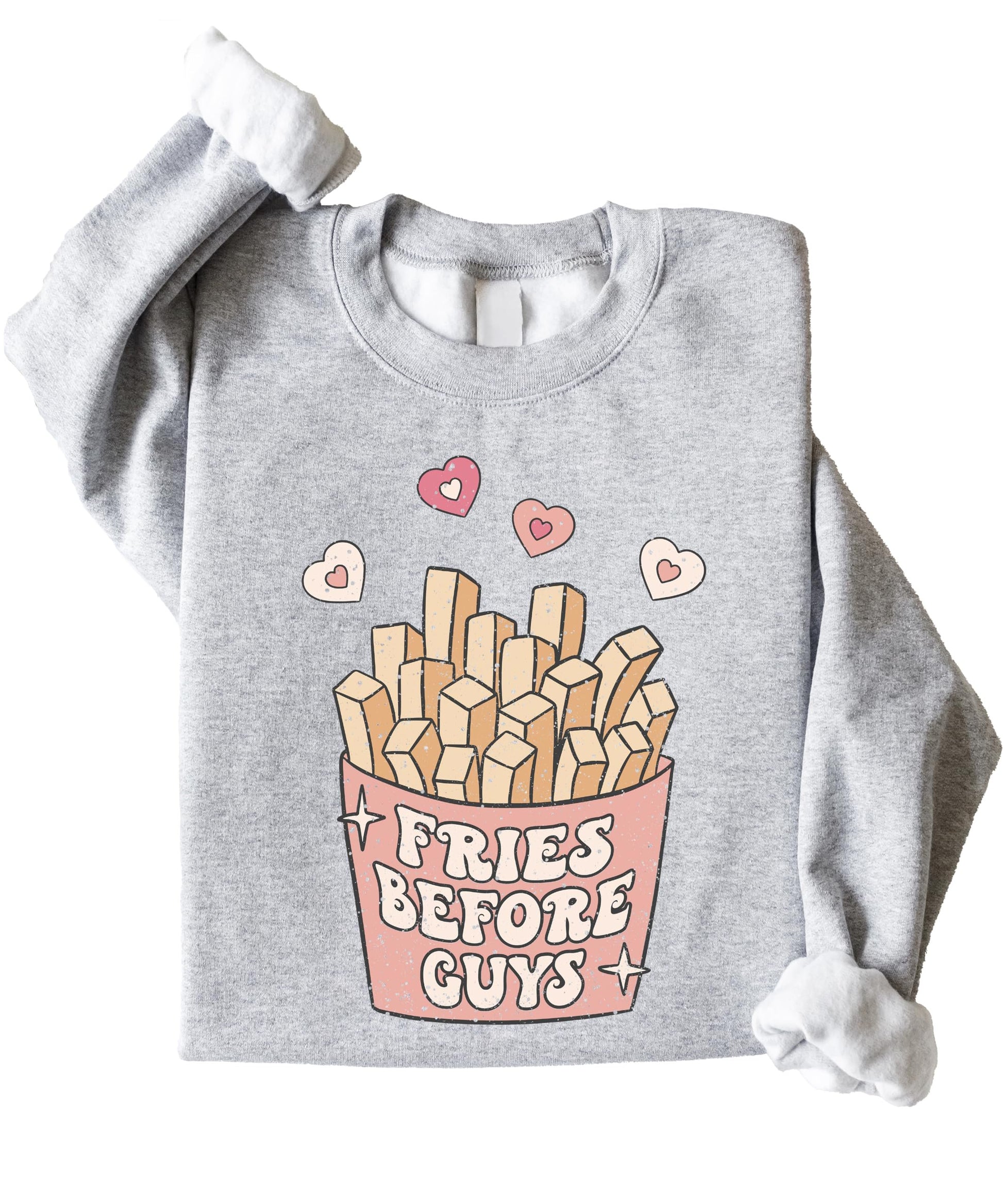 Front view of Fries Before Guys adult sweatshirt in gray, perfect for Galentine's Day