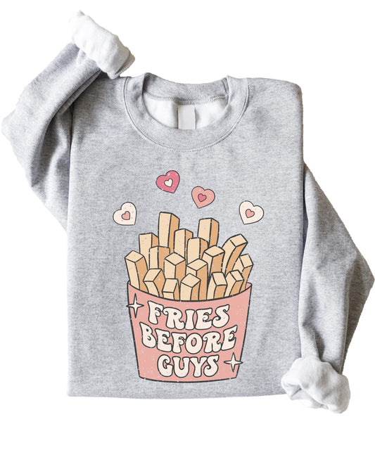 Front view of Fries Before Guys adult sweatshirt in gray, perfect for Galentine's Day