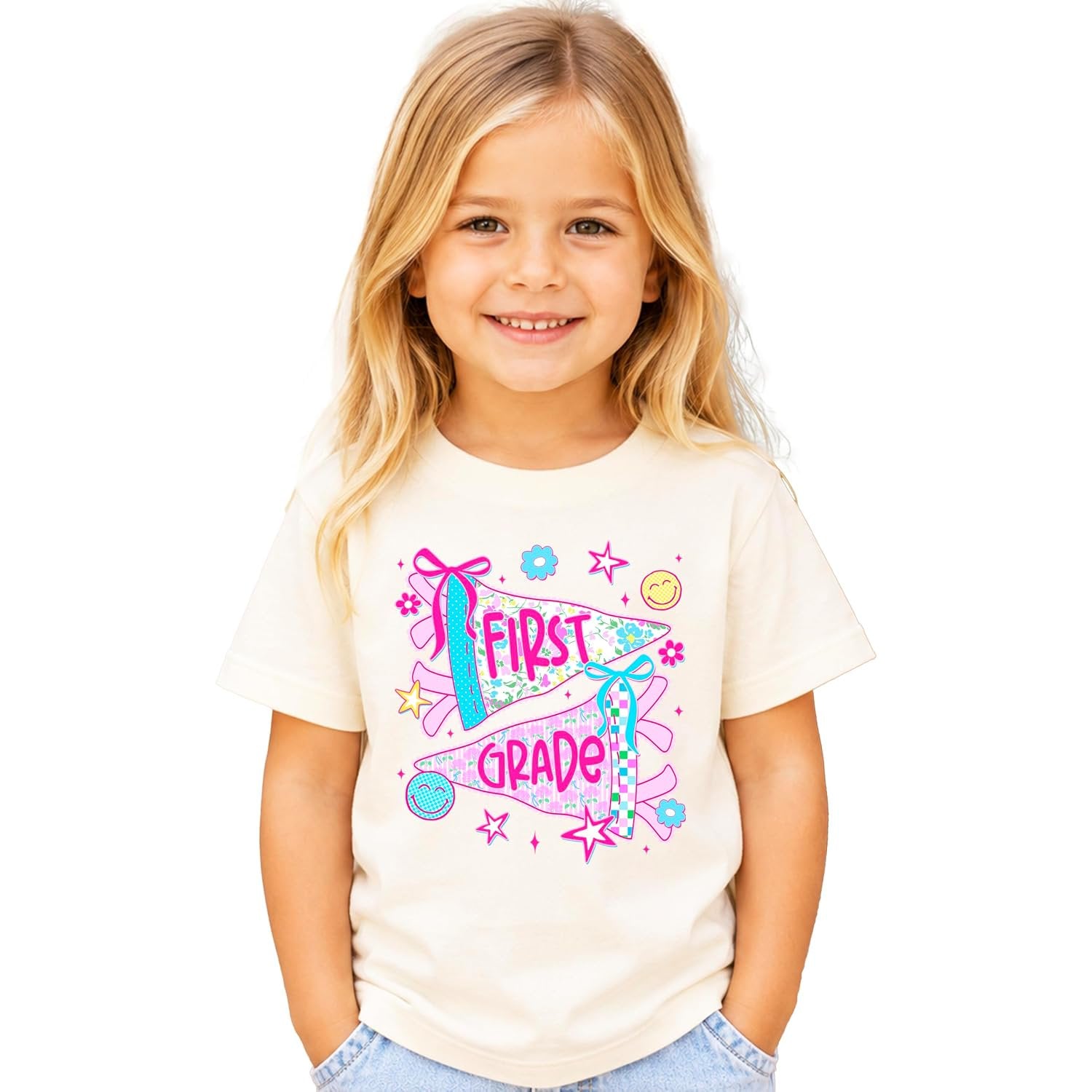 Girls first grade shirt with coquette floral pennant flag design in Natural cotton tee