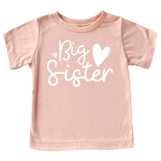 Front view of pink Big Sister Hearts graphic tee with cursive lettering and heart details for toddler girls
