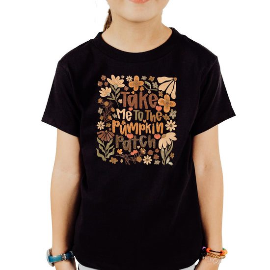 Take Me to The Pumpkin Patch black t-shirt with retro floral pumpkin design for women