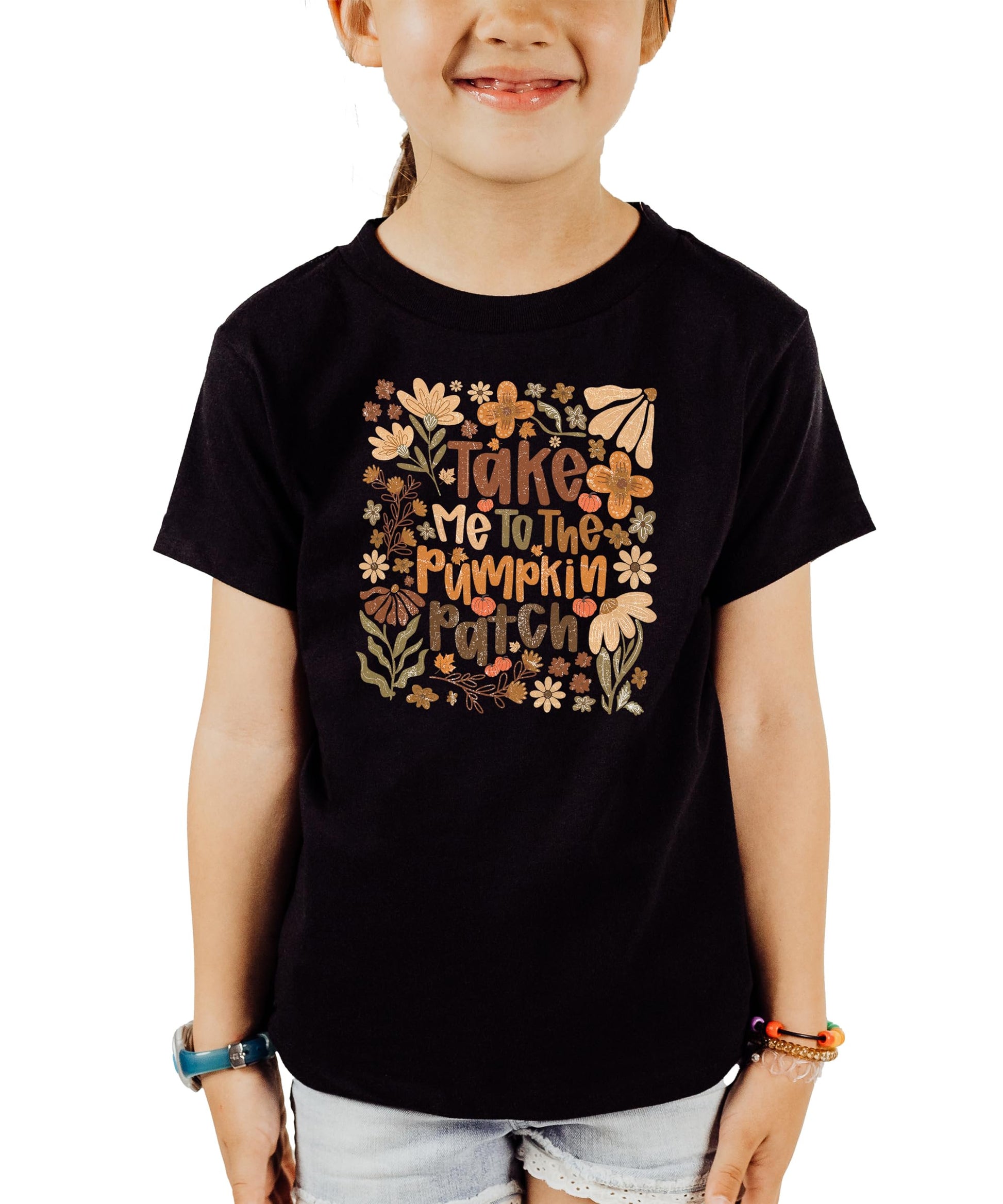 Take Me to The Pumpkin Patch black t-shirt with retro floral pumpkin design for women