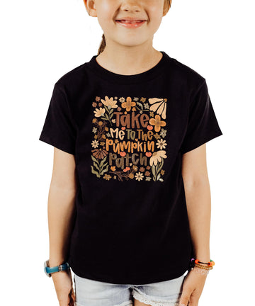 Take Me to The Pumpkin Patch black t-shirt with retro floral pumpkin design for women