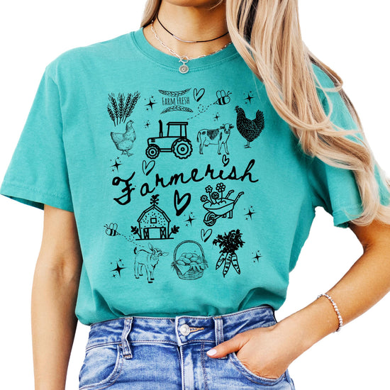 Front view of farm theme graphic t-shirt for women and teens with detailed hand-drawn artwork