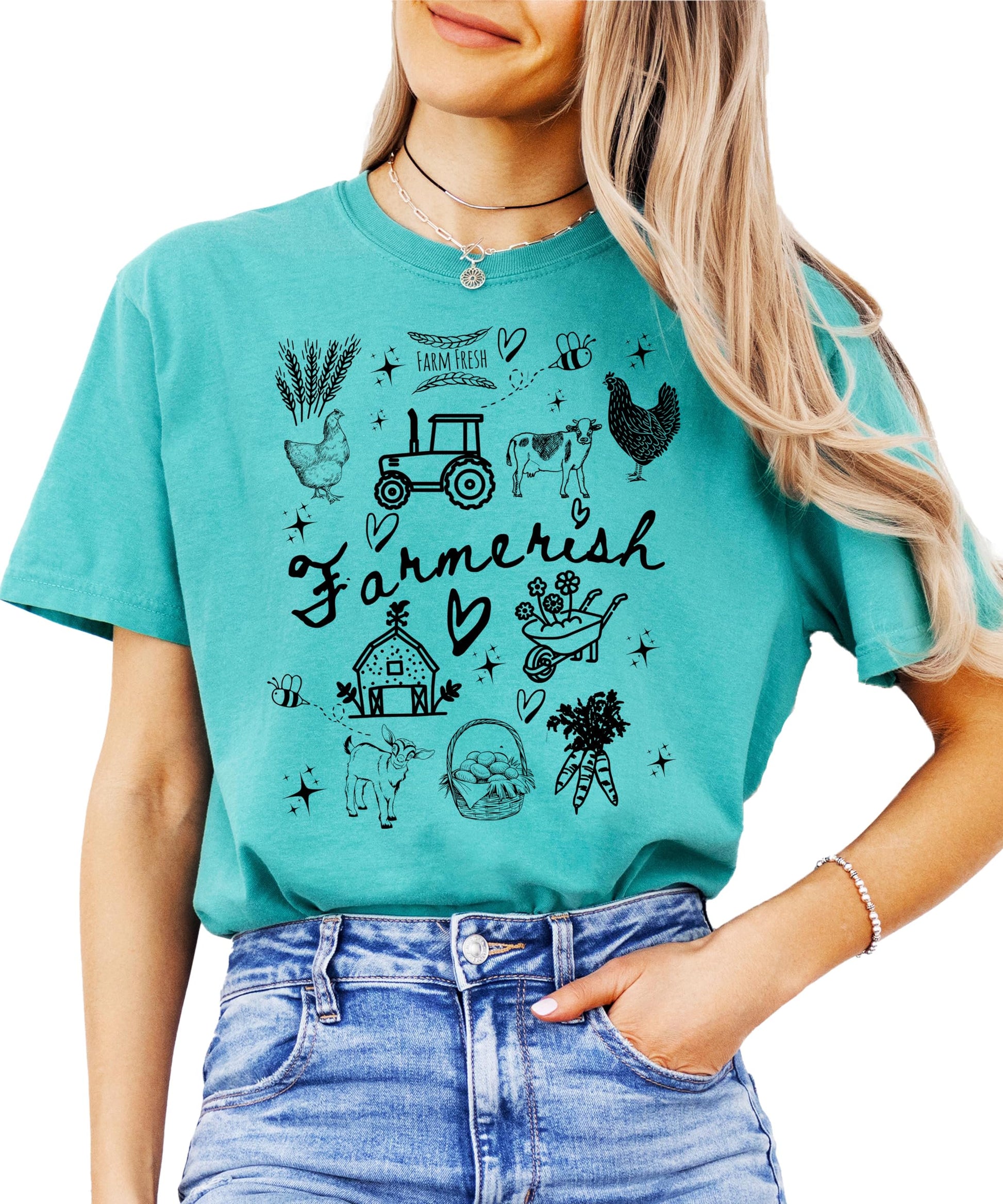 Front view of farm theme graphic t-shirt for women and teens with detailed hand-drawn artwork