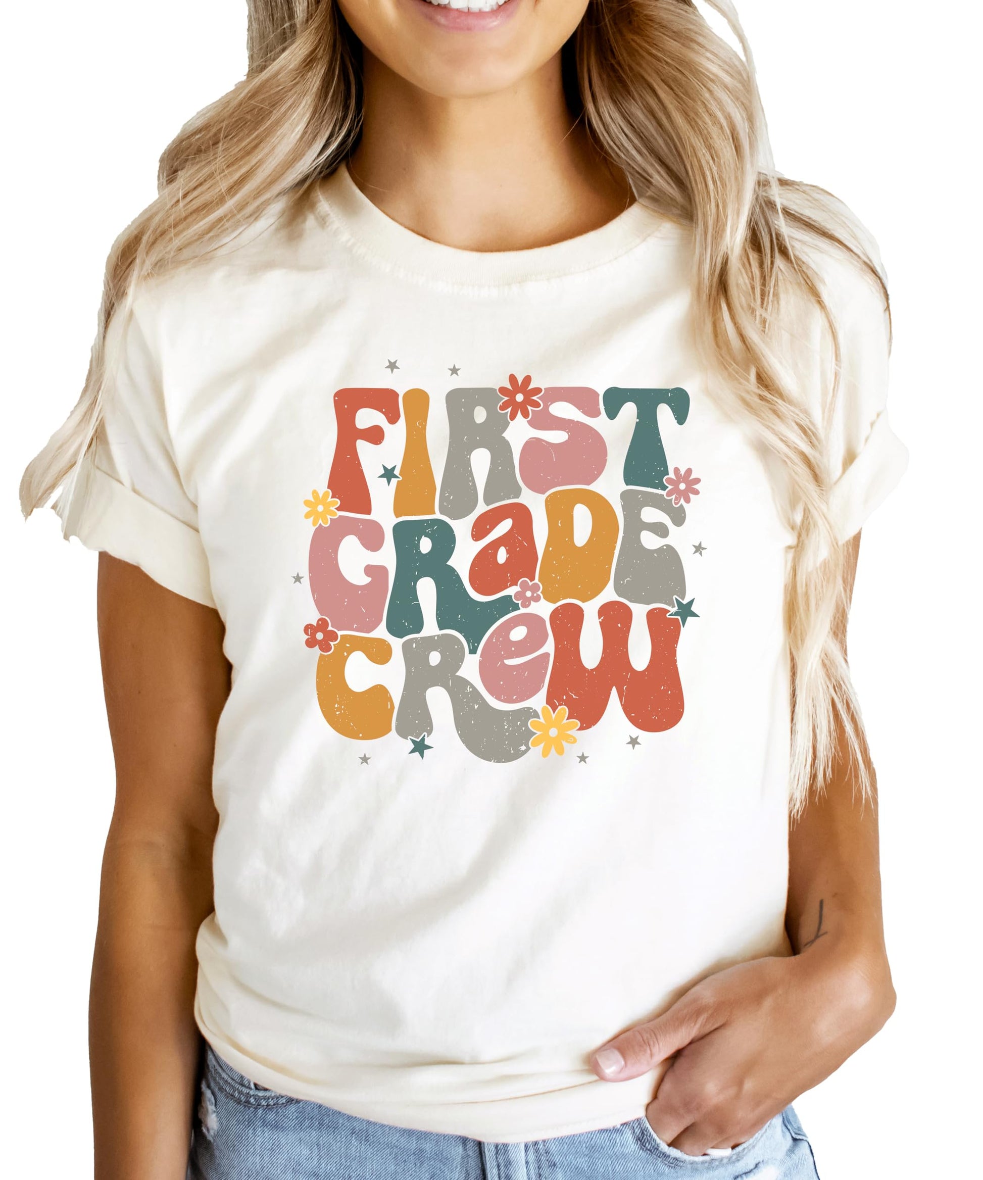 First Grade Crew girls' graphic tee laid flat showing full front design