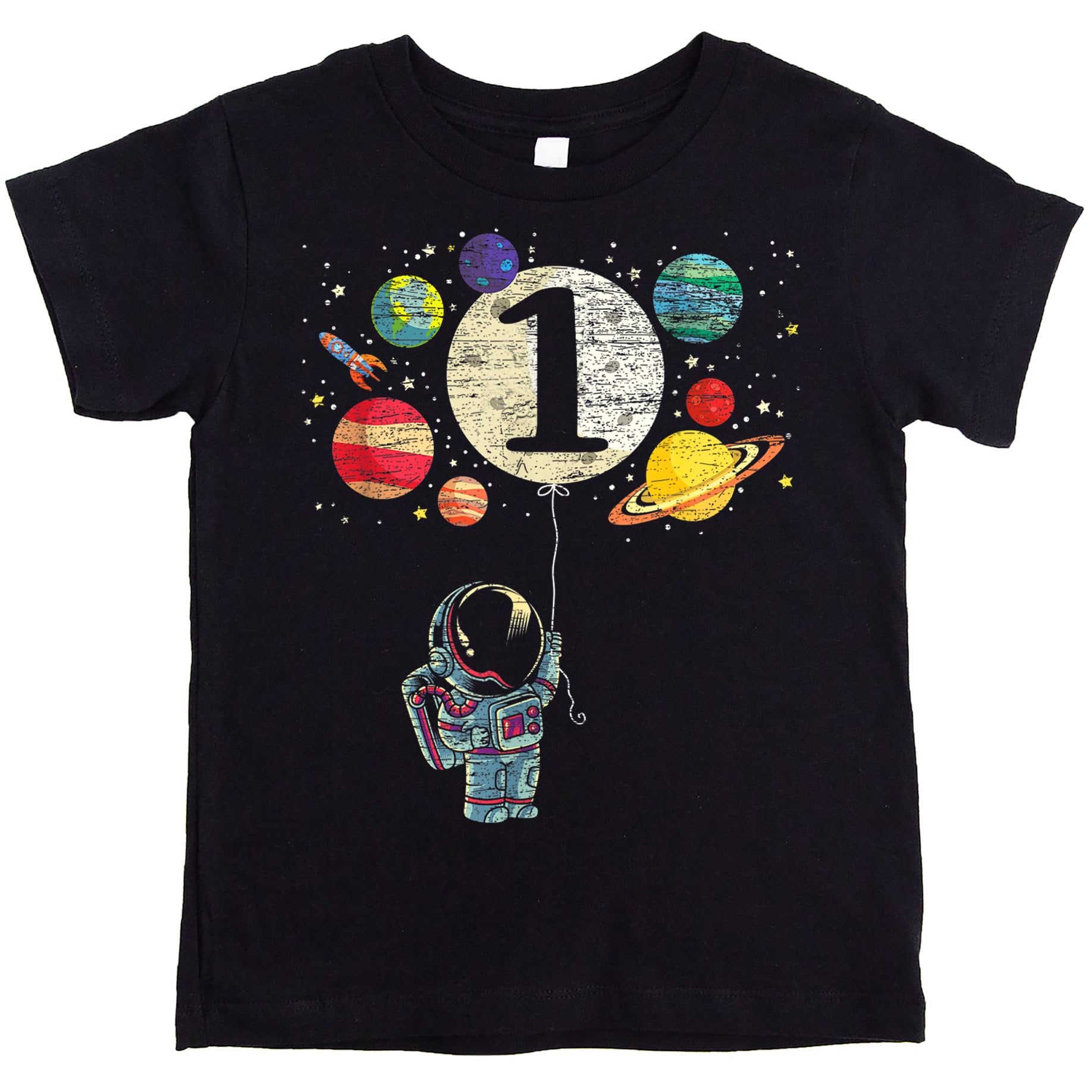 Toddler wearing 1st birthday rocket astronaut space shirt in vintage royal blue for boys and girls