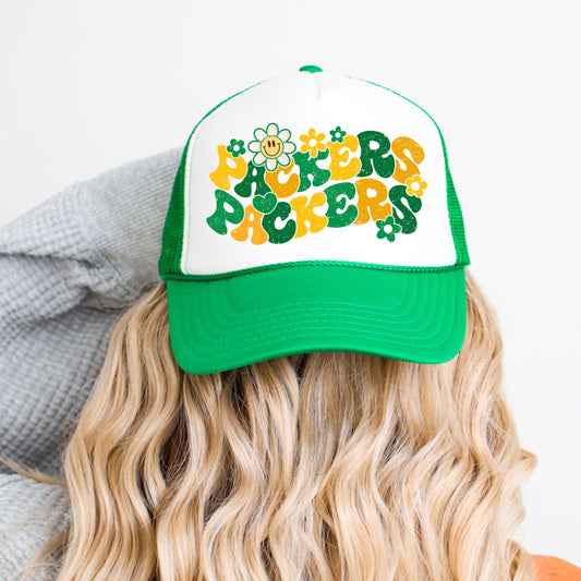 Groovy Floral Packers Hat for Women and Teens Girly Green and Yellow Team Pride Snapback