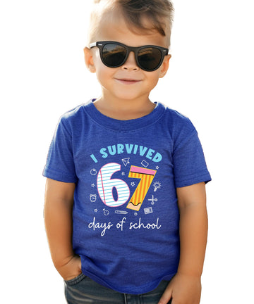 Kids funny graphic tee with 'I Survived 67 Days of School' vintage-style paper and pencil design