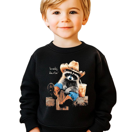 Back or alternate view of black Howdy cowboy raccoon crewneck sweatshirt by Olive Loves Apple