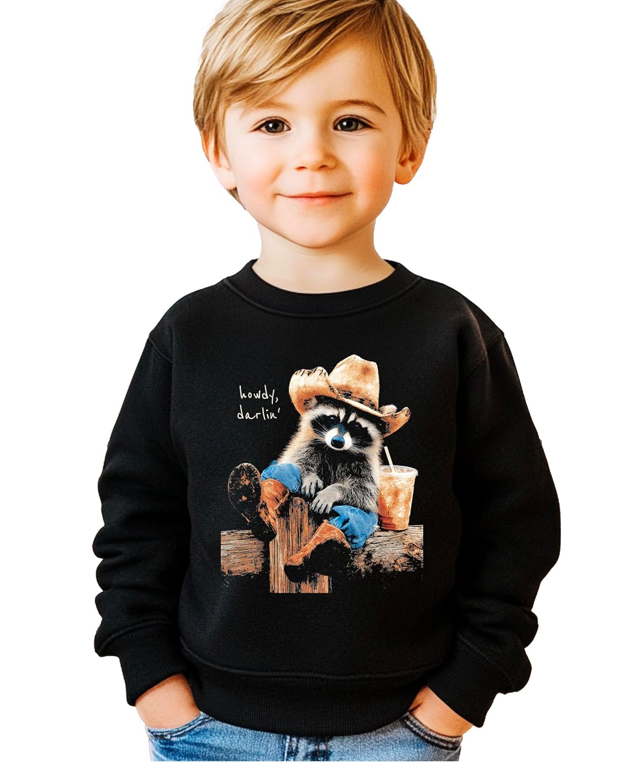 Back or alternate view of black Howdy cowboy raccoon crewneck sweatshirt by Olive Loves Apple