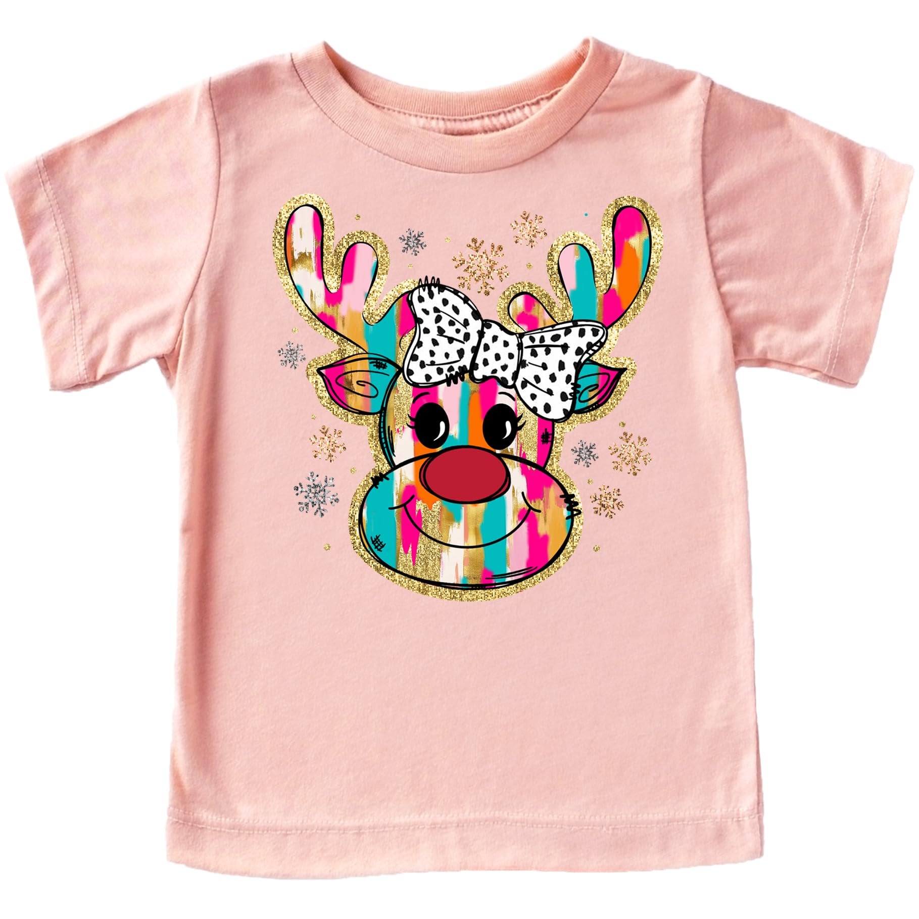Youth girl wearing a bright pink holiday tee with a cute glitter reindeer graphic