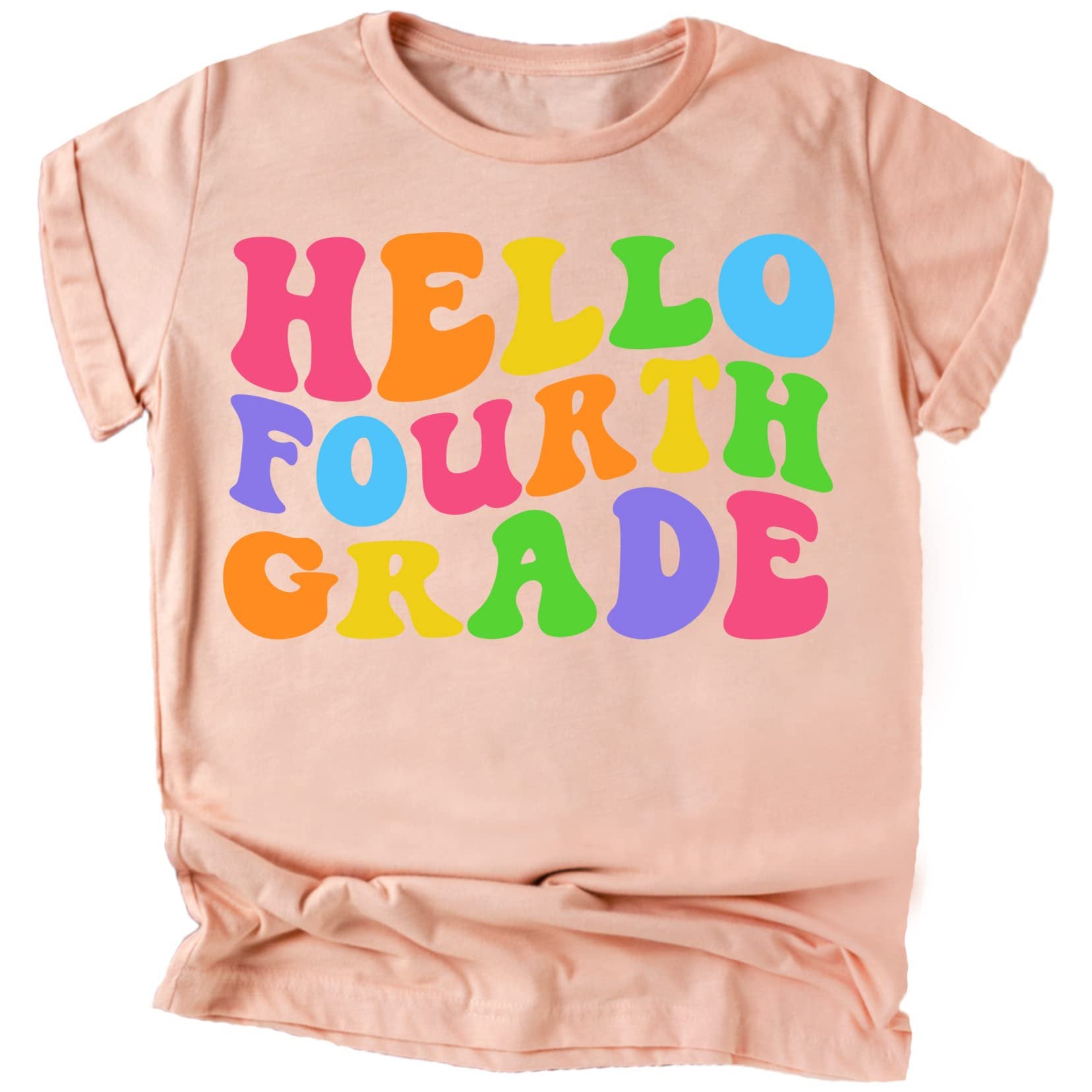 Pink kids tee with colorful wavy Hello 4th Grade graphic print for first day of school