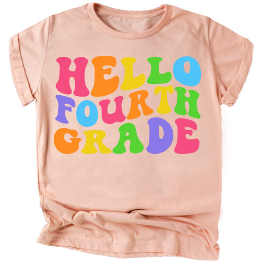 Pink kids tee with colorful wavy Hello 4th Grade graphic print for first day of school