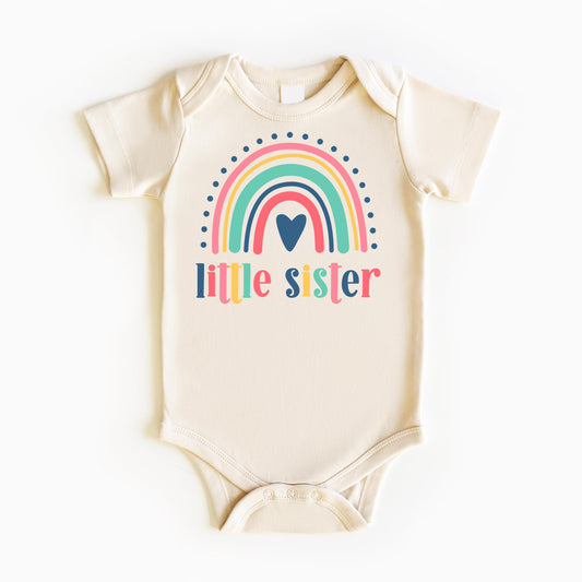 Little Sister Heart Rainbow Shirts and Bodysuits for Sibling Reveal Baby Announcement