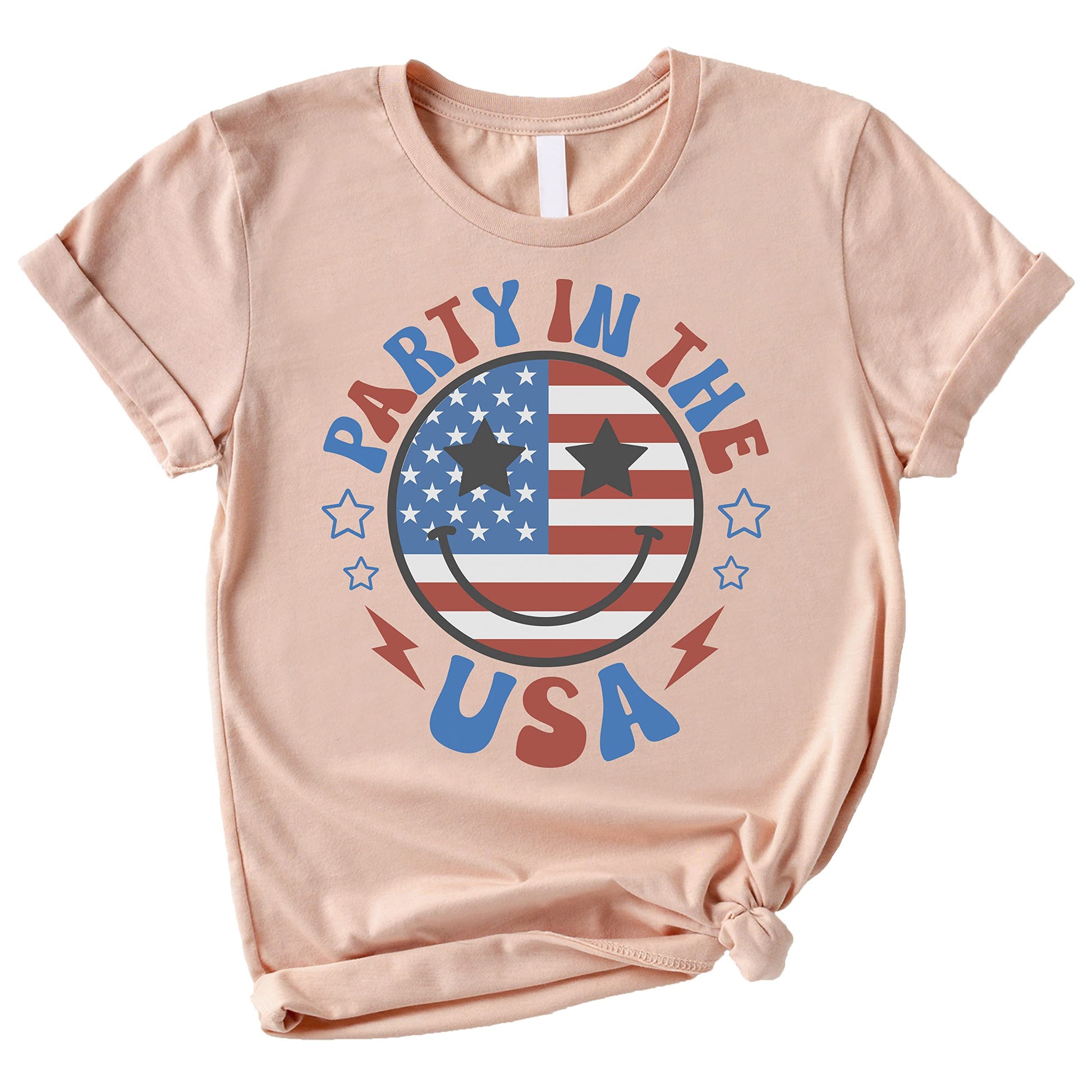 Pink youth size Party in the USA shirt flat lay product photo