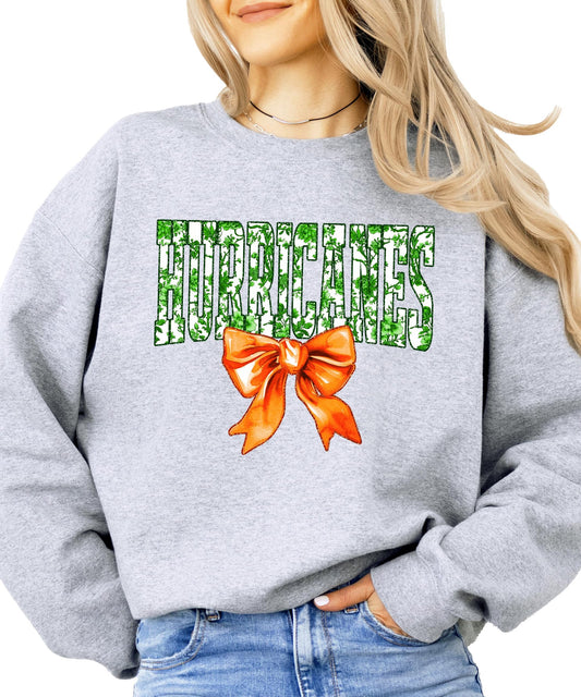 Green Floral Hurricanes Sweatshirt for Women & Teens Orange Bow School Spirit Sweater