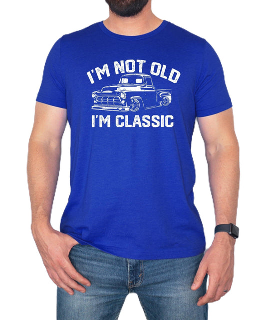 Front view of men's black funny dad joke shirt with retro truck graphic design