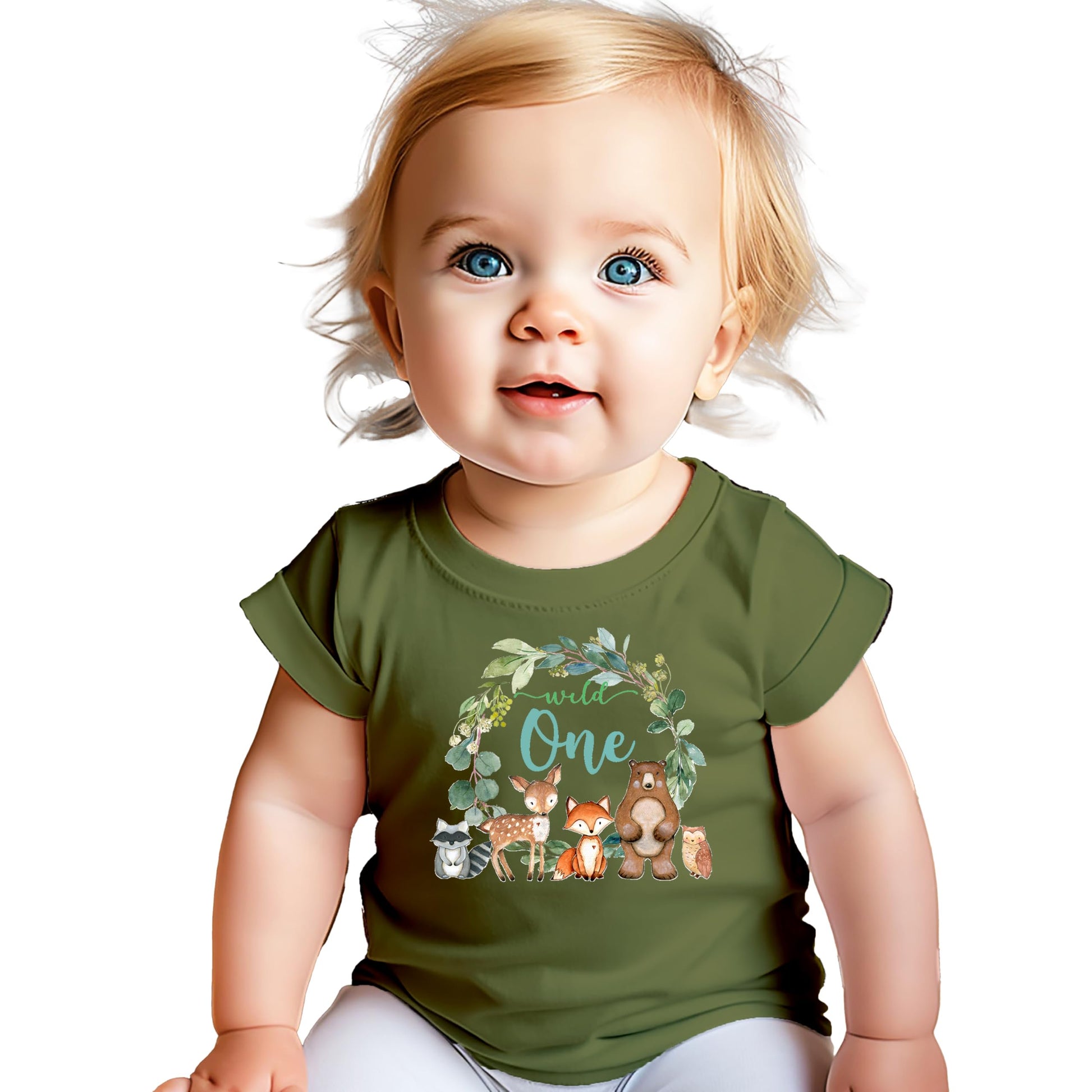 Military green Wild One baby shirt with woodland animal wreath birthday design