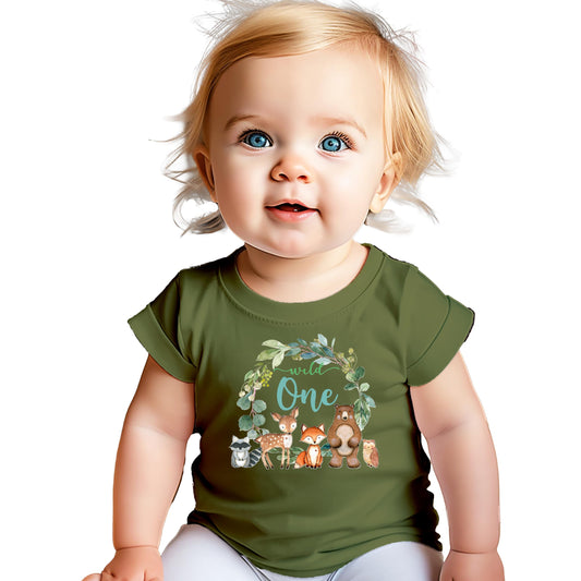 Military green Wild One baby shirt with woodland animal wreath birthday design