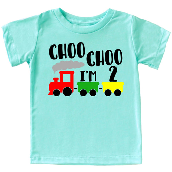 Close-up of vintage train design on boys second birthday graphic tee