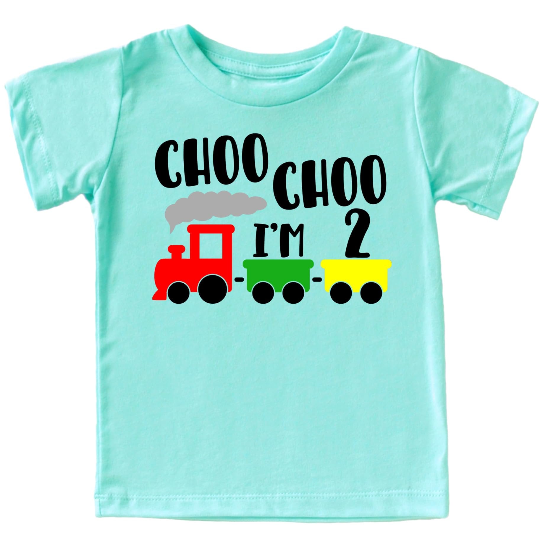 Close-up of vintage train design on boys second birthday graphic tee