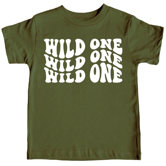 Wild One first birthday shirt in military green with white retro lettering for baby