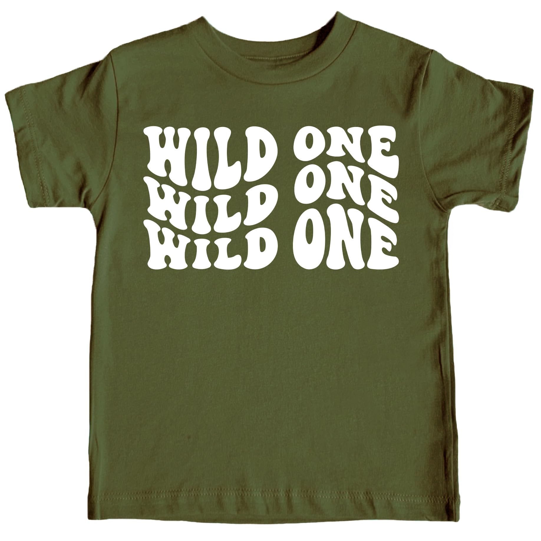 Wild One first birthday shirt in military green with white retro lettering for baby
