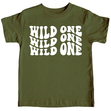 Wild One first birthday shirt in military green with white retro lettering for baby