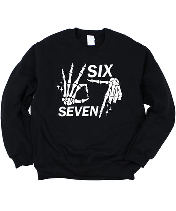Olive Loves Apple Six Seven Skeleton Hand Unisex Sweatshirt for Adults & Kids Funny Gen Z 6 7 Halloween Meme Top