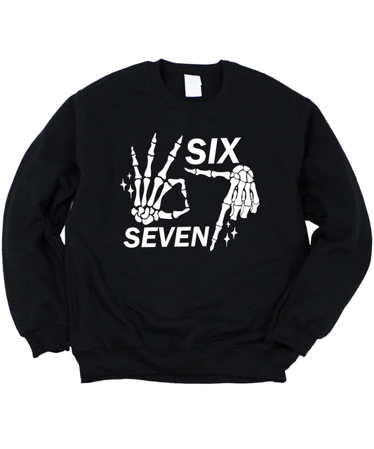 Olive Loves Apple Six Seven Skeleton Hand Unisex Sweatshirt for Adults & Kids Funny Gen Z 6 7 Halloween Meme Top