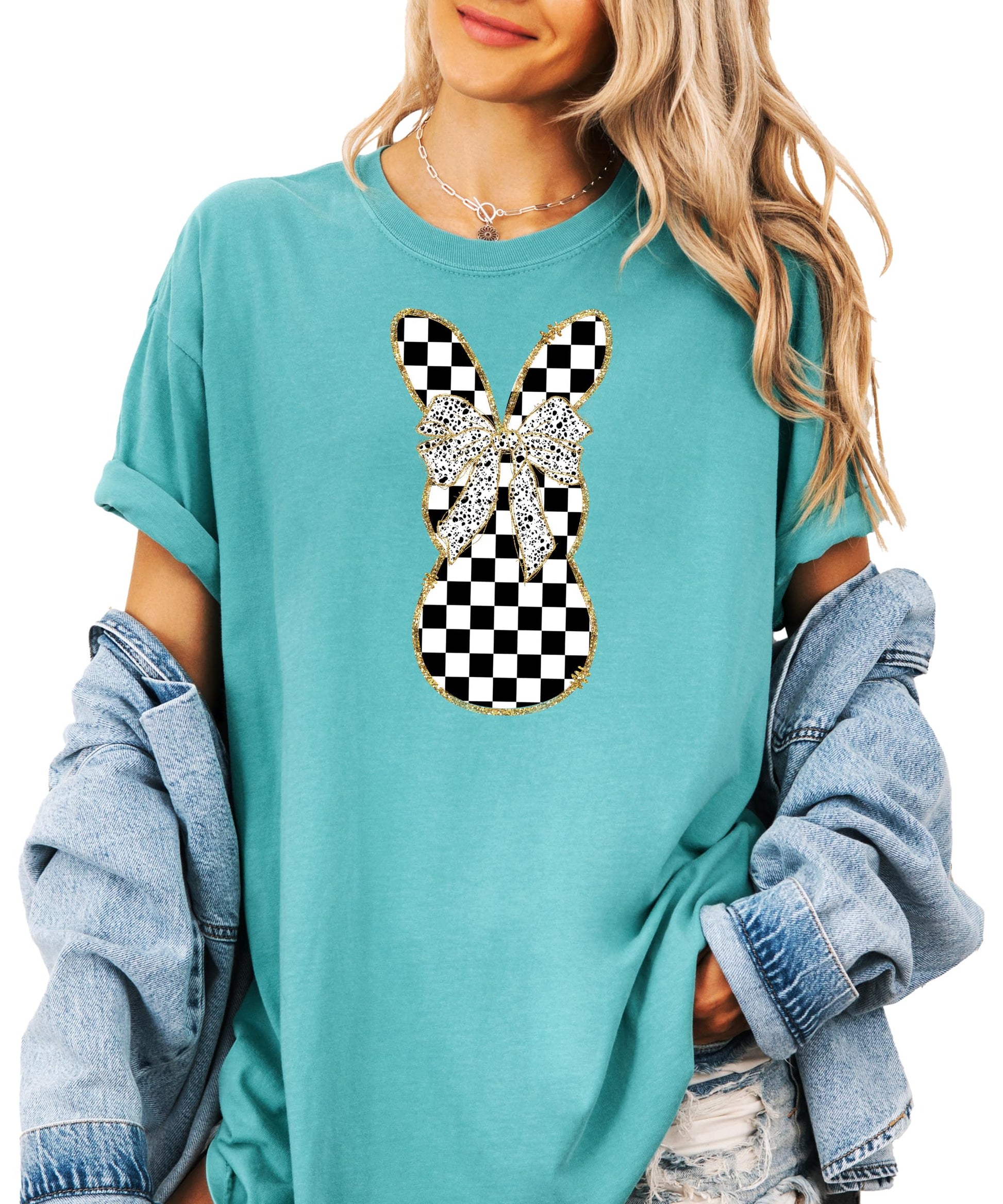 Back view of woman in checkered Easter bunny t-shirt