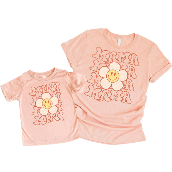 Mommy and me matching Happy Daisy graphic tees for mom and child in natural color