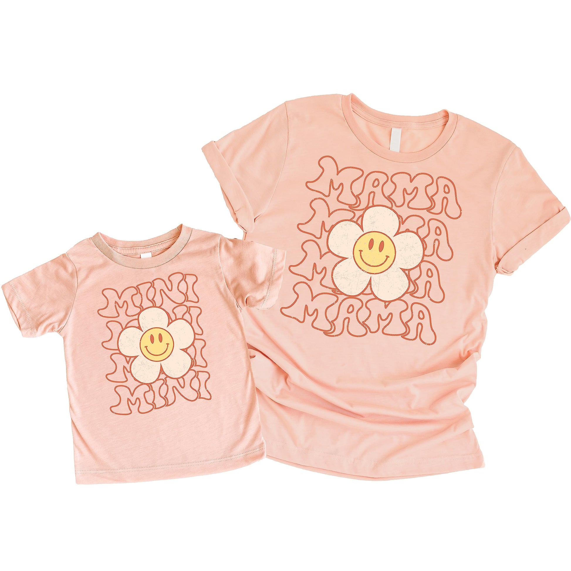 Mommy and me matching Happy Daisy graphic tees for mom and child in natural color