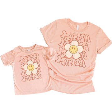 Mommy and me matching Happy Daisy graphic tees for mom and child in natural color