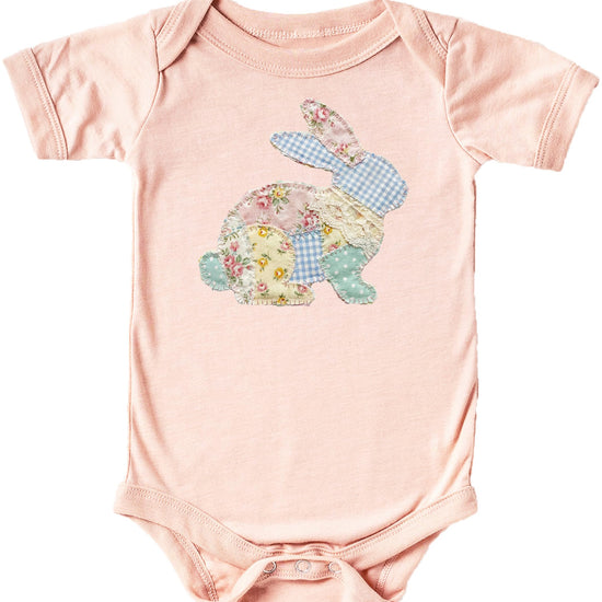 Easter floral bunny faux patchwork ink-printed baby bodysuit on white background